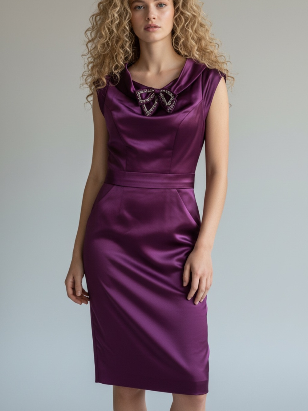 NWT- VENUS - PURPLE PLUM Satin Sheath Dress with JEWELED BOW